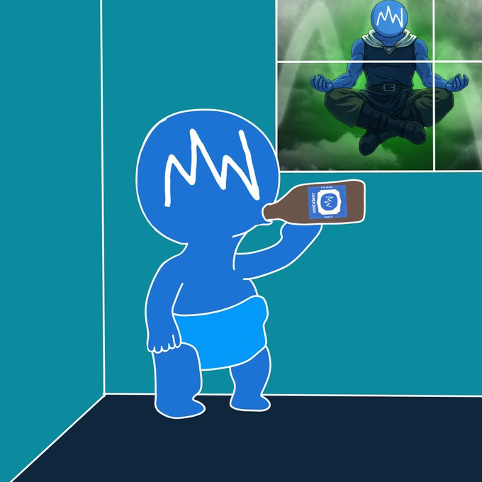A blue cartoon character with a 'W' logo on its head drinks from a brown bottle, while a meditating blue figure with the same logo appears in a window behind it.
