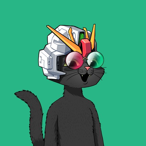 A digital illustration depicts a smiling black cat wearing a white and green mecha-style helmet with a red crest and large round goggles, set against a solid green background.