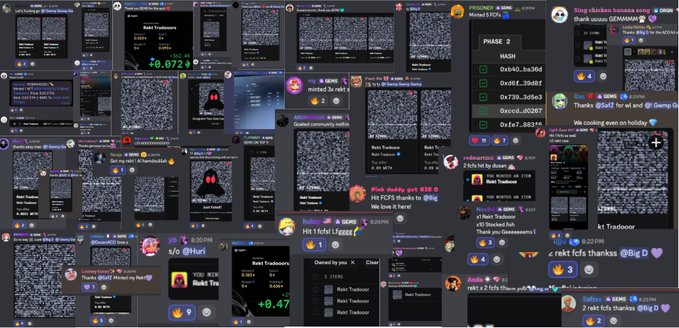 A collage of Discord chat screenshots shows users from platforms including RAKI and SOMI reacting to a Rektguy NFT mint, with messages like "Round Tradooor" and visible ETH prices including "0x0d2C_be360," "0x057_30882," and floor prices referencing "+0.072" — capturing the lively discussion around the FCFS round hitting ~300 NFTs and the 0.1 ETH floor price mentioned in the caption.