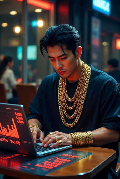 AI-generated image of an Asian man wearing multiple gold chains and gold bracelets working on a laptop displaying financial charts and numbers like $200, $500, and $4,500.