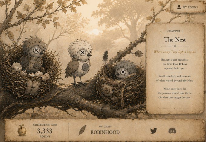 A vintage-style illustration showing small stitched creatures (X Robins) in bird nests on tree branches, with text reading 'CHAPTER 1 The Nest' about Tiny Robins, collection size 3,333 Robins on chain ROBINHOOD.