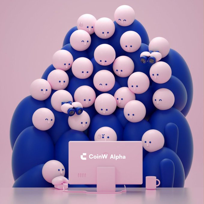 A 3D illustration featuring a pile of small white round-faced characters on a large blue bean bag, with one character using binoculars and another at a pink computer labeled 'CoinW Alpha'.