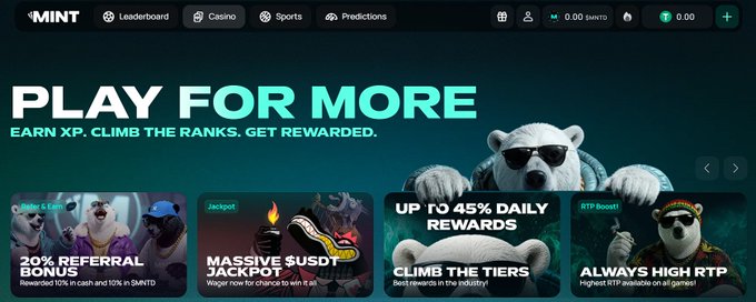 A promotional webpage for MINT displays 'PLAY FOR MORE' and 'EARN XP, CLIMB THE RANKS, GET REWARDED' alongside game thumbnails and a polar bear mascot.