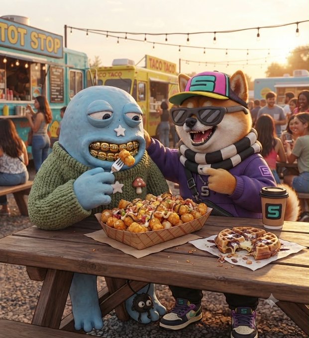 A whimsical 3D-rendered scene of a blue monster and a Shiba Inu dog wearing streetwear and sunglasses enjoying tater tots and waffles at a food truck festival.