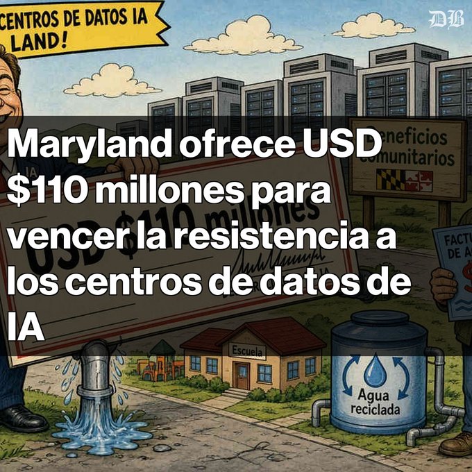 An illustrated graphic with Spanish text stating 'Maryland ofrece USD $110 millones para vencer la resistencia a los centros de datos de IA', depicting data centers, a school, and a recycled water tank.