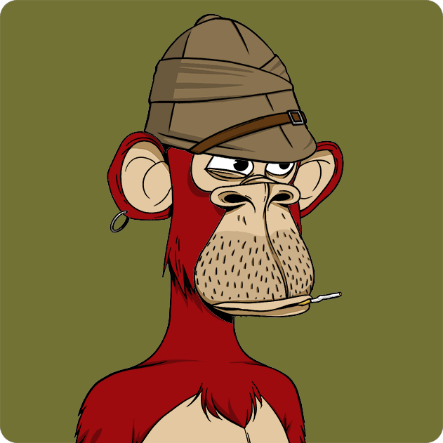 A cartoon illustration of a red monkey wearing a brown pith helmet, sporting a stubble beard, a hoop earring, and a cigarette in its mouth against an olive green background.
