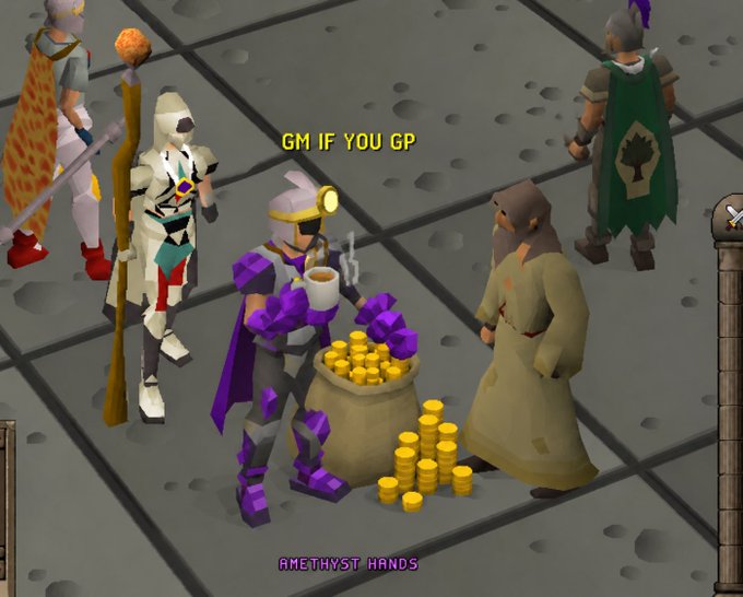A screenshot from the game Old School RuneScape shows several characters gathered around a sack of gold coins, with text reading 'GM IF YOU GP' and 'AMETHYST HANDS' above and below the scene.