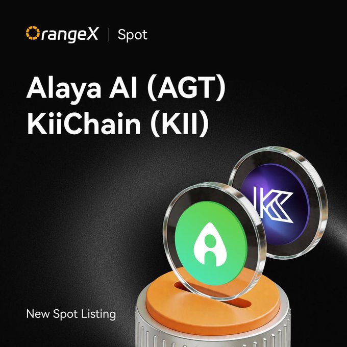 OrangeX announces a new Spot listing for Alaya AI (AGT) and KiiChain (KII), featuring the projects' coin logos displayed in a 3D coin arrangement alongside the OrangeX branding and "New Spot Listing" label.
