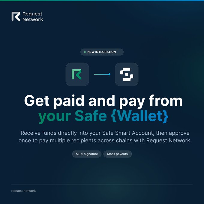 A promotional graphic for Request Network announcing a "NEW INTEGRATION" that allows users to "Get paid and pay from your Safe {Wallet}," highlighting features like multi-signature and mass payouts.