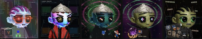 A collection of stylized 3D character illustrations featuring figures with large eyes and metallic silver heads/helmets, set against cyberpunk-themed backgrounds with neon green and purple lighting.