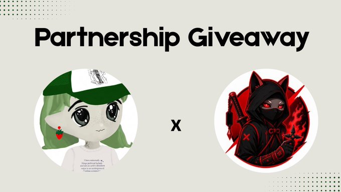 A gray background features a white banner with black text, "Partnership Giveaway", and two cartoon characters - a girl with green hair wearing a hat and a boy with red hair holding a gun.