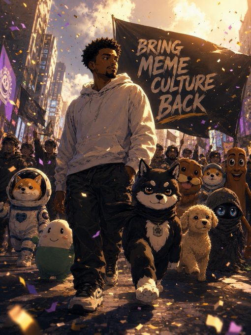 An artistic illustration of a man in a white hoodie leading a crowd of people and various meme characters (including dogs and shiba inu) while carrying a flag reading 'BRING MEME CULTURE BACK'.