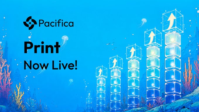 The image is a promotional graphic from **Pacifica** announcing the launch of **"Print"**, set against an underwater-themed background featuring jellyfish, coral, and ascending transparent cubes with upward-pointing arrows that symbolize growth and stacking returns.

The text reads "Pacifica — Print Now Live!" reinforcing the accompanying post's message about earning yield (APY) on unfilled orders by setting target prices.