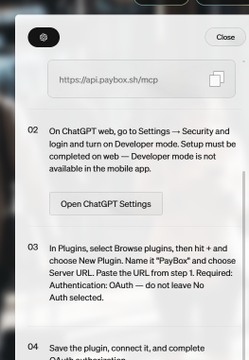 The image shows a tutorial for connecting a payment service called PayBox to ChatGPT, displaying steps including a URL (https://api.paybox.sh/mcp), instructions to enable Developer Mode in ChatGPT Settings, and adding the "PayBox" plugin under Server URL configuration. The instructions relate to the post by providing the specific setup steps needed to integrate PayBox with ChatGPT for payments.