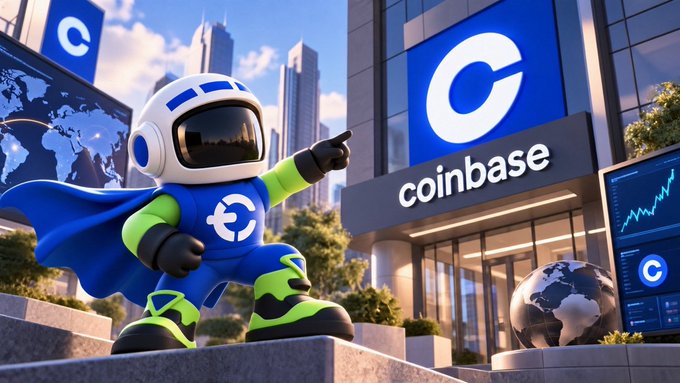 A 3D-rendered cartoon mascot wearing a blue and green suit with a 'C' logo stands in front of a Coinbase office building displaying the 'coinbase' brand name.