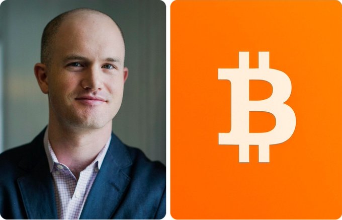 A split image showing a portrait of a man in a suit on the left and the Bitcoin logo on an orange background on the right.