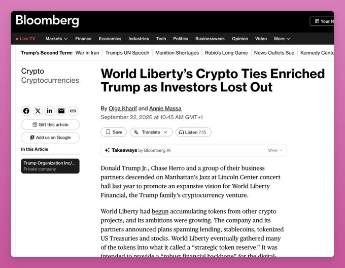 A Bloomberg article titled "World Liberty's Crypto Ties Enriched Trump as Investors Lost Out" by Olga Kharif and Annie Massa, dated September 22, 2026, details how Trump family business partners launched World Liberty Financial at Lincoln Center to promote an ambitious crypto venture involving Aave, Ethena's sUSDe, and Ondo tokens that ultimately failed to materialize for investors.