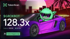 The image is a promotional graphic from TokenScan displaying a "+128.3x" gain for "$GROKBOT" with a cartoon goblin character driving a purple sports car through a desert cityscape. It serves as visual proof of a successful token call, complementing the post's boast about making profits and announcing an airdrop to followers.
