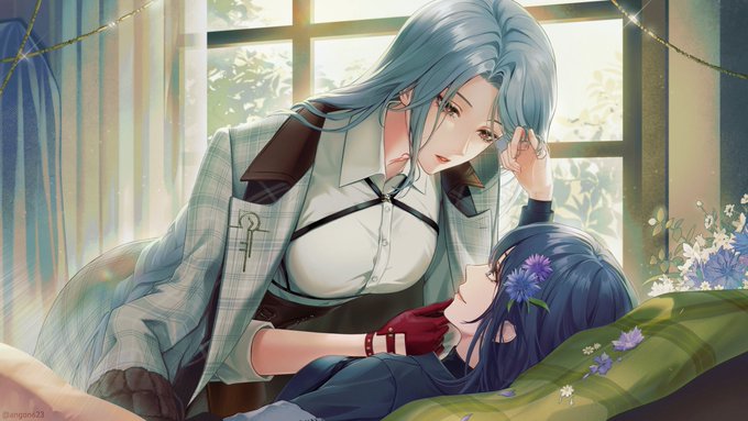 A silver-haired woman in a checkered coat leans tenderly over a resting blue-haired girl adorned with flowers, set in a softly lit sunlit room. The intimate, protective scene embodies the warm and emotional storytelling found in the mobile game #PathtoNowhere (#PTN).

(Watermark visible: @orjorin023)