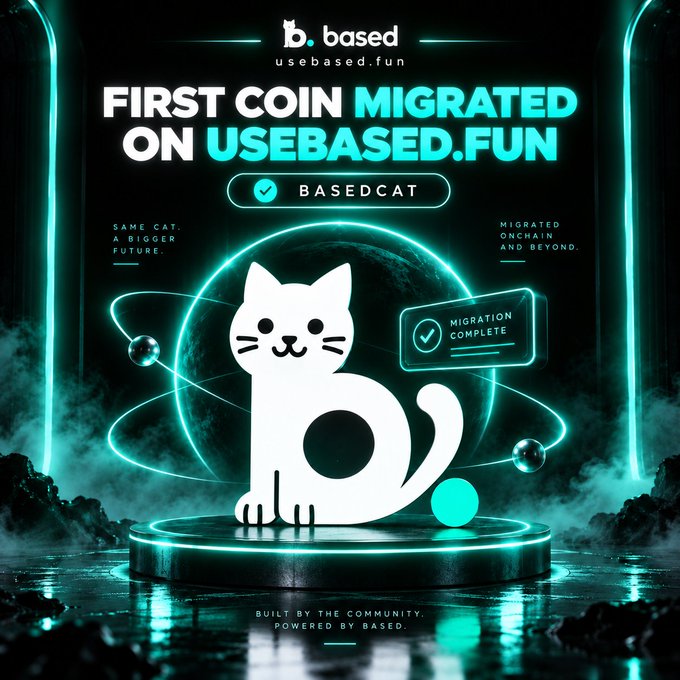 A glowing neon promotional graphic from usebased.fun announces "FIRST COIN MIGRATED ON USEBASED.FUN" featuring "BASEDCAT," with a stylized white cat mascot standing on a platform beside a "MIGRATION COMPLETE" badge and "BUILT BY THE COMMUNITY. POWERED BY BASED." tagline. The image celebrates the milestone mentioned in the post—BaseCat being the first coin to successfully migrate on the platform.