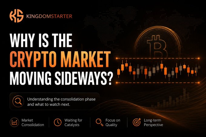 A promotional graphic from KingdomStarter featuring the headline "Why Is the Crypto Market Moving Sideways?" alongside a Bitcoin logo and orange candlestick chart showing a sideways trading pattern, with highlights on market consolidation, waiting for catalysts, focusing on quality, and maintaining a long-term perspective.