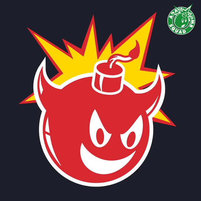 A red devil mascot logo with horns, a wide grin, and a lit fuse/bomb on its head, set against a yellow explosion burst on a dark blue background, with an "Adam Bomb Squad" green circular logo in the top right corner.