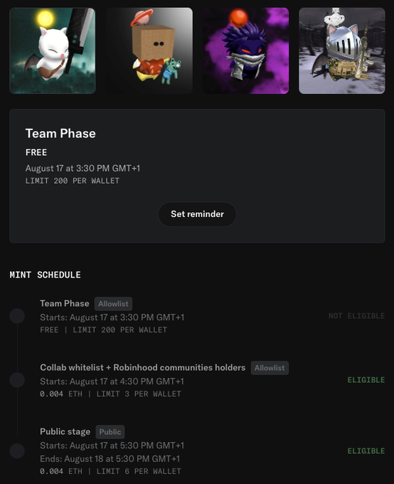 An NFT mint schedule webpage showing four character icons, detailing a "Team Phase" mint starting August 17 at 3:30 PM GMT+1 with a free limit of 200 per wallet.