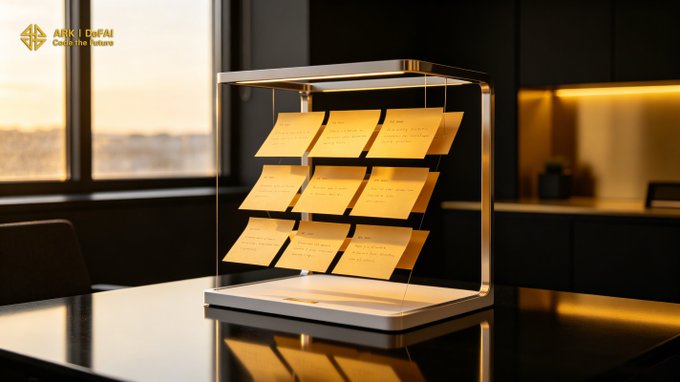 A glowing transparent display case showcases neatly arranged yellow sticky notes organized in rows, symbolizing structured task management and progress tracking, with a watermark reading "ARKII DeFAI Capture the future" in the top corner—visually reinforcing the post's message about Arkie AI transforming scattered ideas into organized, actionable Web3 tasks.