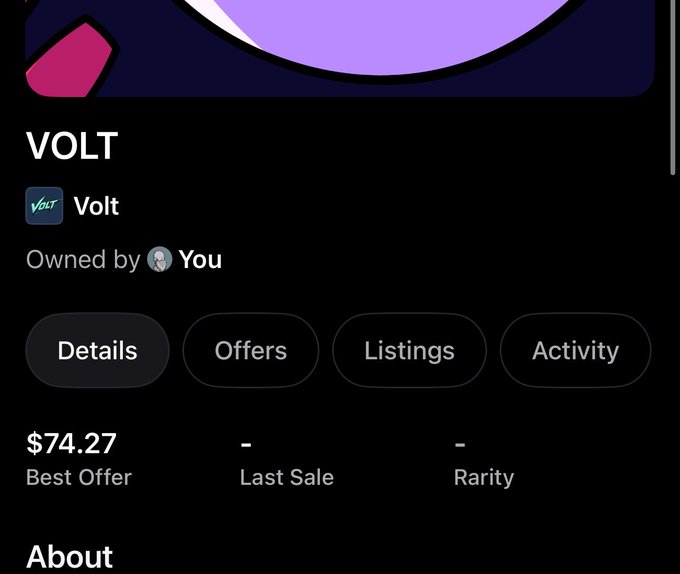 The image shows an OpenSea listing page for the "Volt" NFT owned by "You," displaying a best offer of $74.27. This aligns with the post celebrating the user's appreciation from $22 to $74 after being wirelisted for the Volt mint.