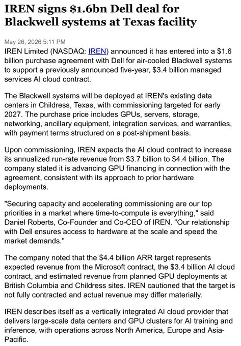 The text of the image suggests that Dell has agreed to pay $1.6B for a five-year AI cloud deployment at its Childress, Texas facility. It implies that this deal will enable IBM to expand its AI offerings through cloud technology. This agreement is related to the post as it discusses "IREN signs 8.1Bn Dell Dell deal for Blackwell Systems at Texas facility". The image does not provide enough context or background information on how the deal works, but it indicates that both parties are involved in a significant transaction.