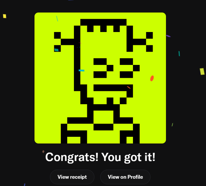 A neon green and black pixel art character with the text "Congrats! You got it!" and buttons for "View receipt" and "View on Profile".