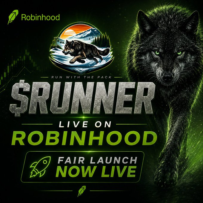 A promotional graphic for a cryptocurrency token called $RUNNER, announcing it is 'LIVE ON ROBINHOOD' with a 'FAIR LAUNCH NOW LIVE', featuring a snarling black wolf with green eyes.