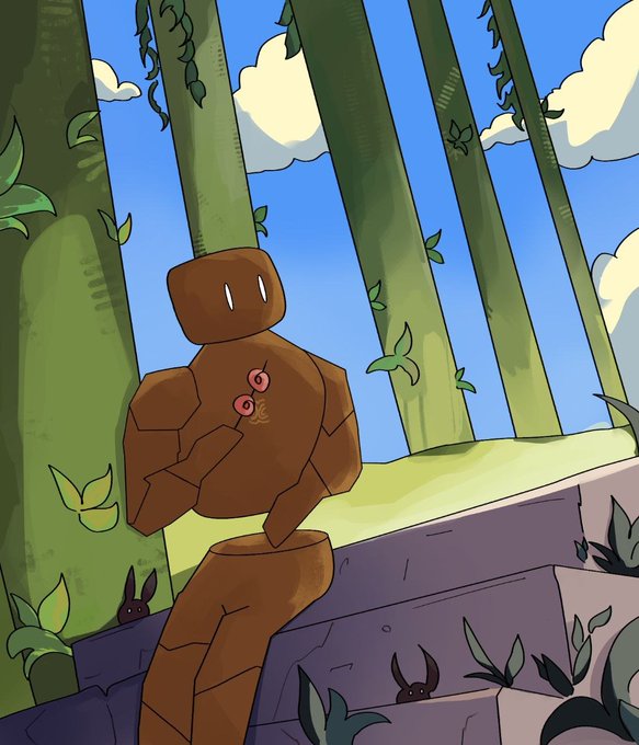 An illustration of a brown, stone-like golem creature with small eyes and a swirl on its chest, standing in a forest with tall trees and a blue sky.