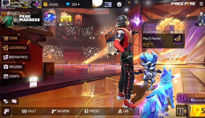 Screenshot from the mobile game Free Fire showing a character in a red and black outfit with a glowing blue pet, navigating an in-game menu with options like "STORE," "LUCK ROYALE," and "MISSIONS."
