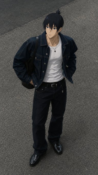 An anime-style illustration of a young man with black hair wearing a denim jacket, white shirt, and dark pants, carrying a bag while standing on asphalt.