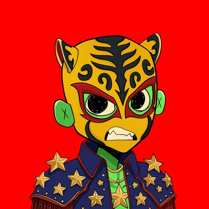 An NFT artwork of a character wearing a yellow tiger mask with red and black details, dressed in a blue jacket adorned with gold stars against a red background.