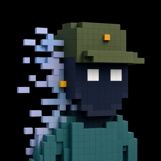 A 3D voxel-style digital artwork depicts a dark-skinned character wearing a green cap and green shirt, with pixelated blue smoke or blocks dissipating from the back of their head against a black background.