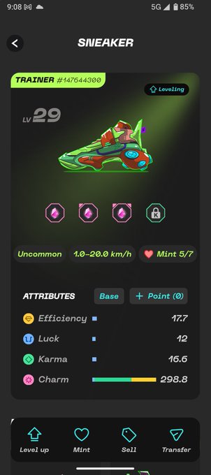 A mobile app screen showing a digital sneaker NFT labeled 'TRAINER #147644380' at LV 29, classified as Uncommon with attributes including Efficiency 17.7, Luck 12, Karma 16.6, and Charm 298.8.
