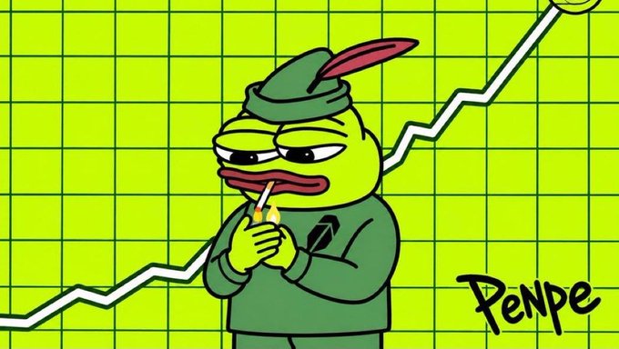 A weary Pepe character in a green uniform lights a match against a chart-pattern background, with an upward-trending arrow and "$PENPE" written in the corner, illustrating the meme coin's 70% 24-hour surge toward its $115M market cap target on Robinhood Chain.