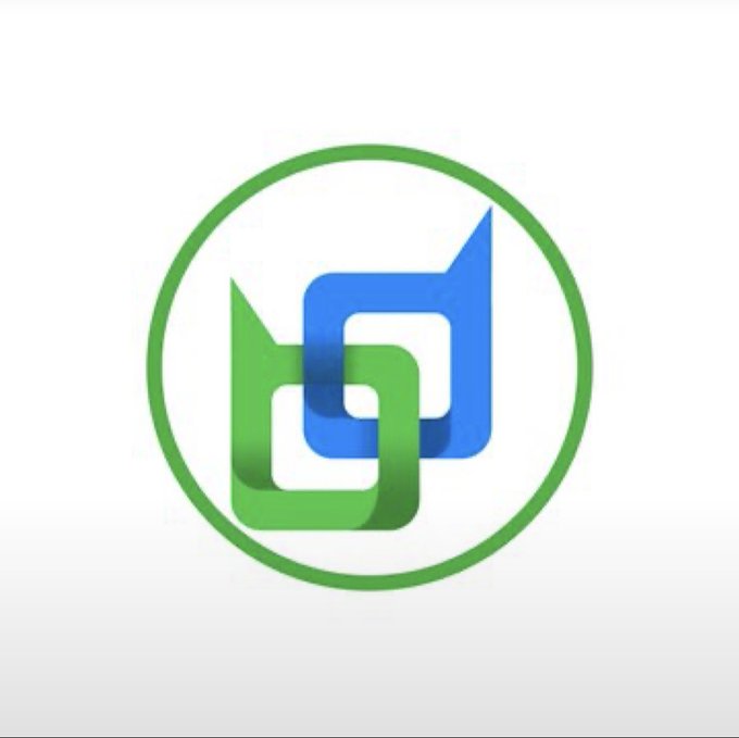 A logo featuring interlocking green and blue geometric shapes within a green circular border on a white background.