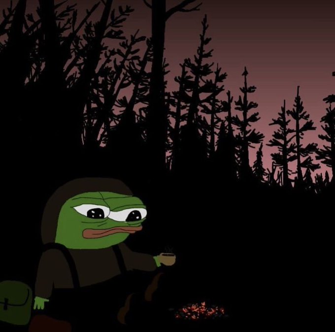 A digital illustration of a sad green Pepe the Frog character in a hooded cloak, holding a small cup near a campfire with silhouetted trees in the background.