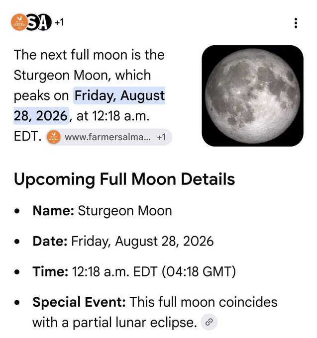 A social media post from Farmers' Almanac about the upcoming Sturgeon Moon peaking on Friday, August 28, 2026, at 12:18 a.m. EDT, which coincides with a partial lunar eclipse.