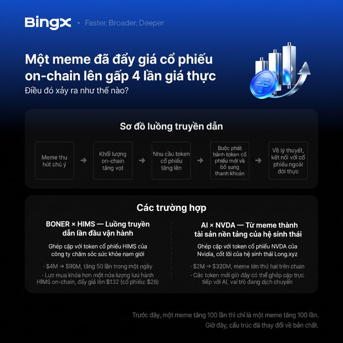 An infographic by BingX titled 'Một meme đã đẩy giá cổ phiếu on-chain lên gấp 4 lần giá thực', detailing how memes influence on-chain stock prices, with examples like BONER x HIMS and AI x NVDA.