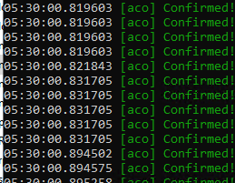 A terminal log shows repeated "Confirmed" messages for "[aco]" transactions at timestamps of 05:30:00.894 and 05:30:00.831, indicating the successful execution of automated airdrop checks for 99 wallets on The Dolls Club mint as described in the post.