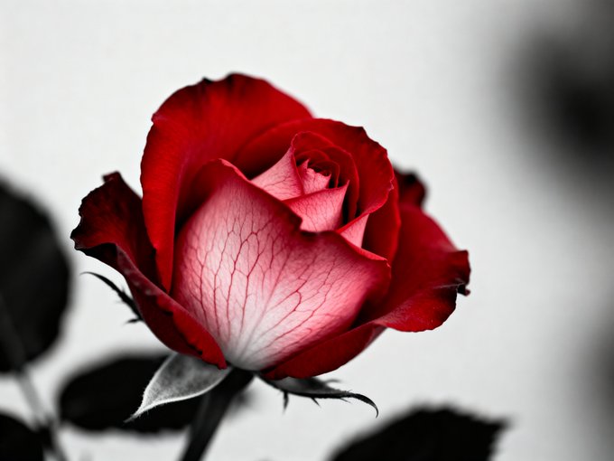 A close-up image of a red and white rose with detailed petal veining, presented in color against a desaturated grayscale background.
