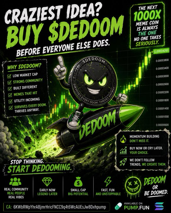 A green and black meme coin promotional poster for '$DEDOOM' on Pump.fun, featuring a cartoon coin character riding a rocket with text like 'CRAZIEST IDEA? BUY $DEDOOM' and 'THE NEXT 1000X MEME COIN'.