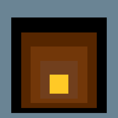 A geometric design of concentric squares in shades of brown, orange, and a bright yellow center, framed by a black border and a gray outer background.