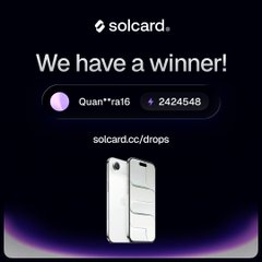 A SolCard promotional graphic announces user "Quan**ra16" (ID #2424548) as the winner of an iPhone Air, directing viewers to solcard.cc/drops for more information. The image features a sleek smartphone display alongside the celebratory "We have a winner!" headline, tied to the post congratulating the winner and teasing the next giveaway of an Xbox Series X 1TB.