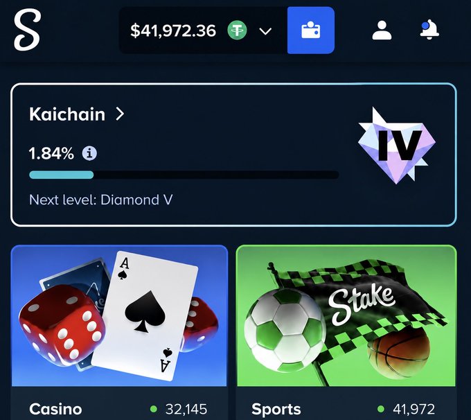 The image shows a Stake.com account dashboard for user "Kaichain" with a balance of $41,972.36 and Diamond IV VIP status (1.84% toward Diamond V), featuring Casino (32,145 games) and Sports (41,972) sections. The post relates by promoting a $5,000 giveaway giveaway where followers can win $100 prizes by dropping their Stake username, aligning with the platform's gaming and betting services displayed.