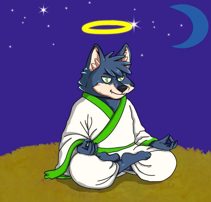 Cartoon illustration of an anthropomorphic wolf character meditating in lotus position, wearing white and green robes, with a yellow halo above its head against a starry purple night sky with a crescent moon.